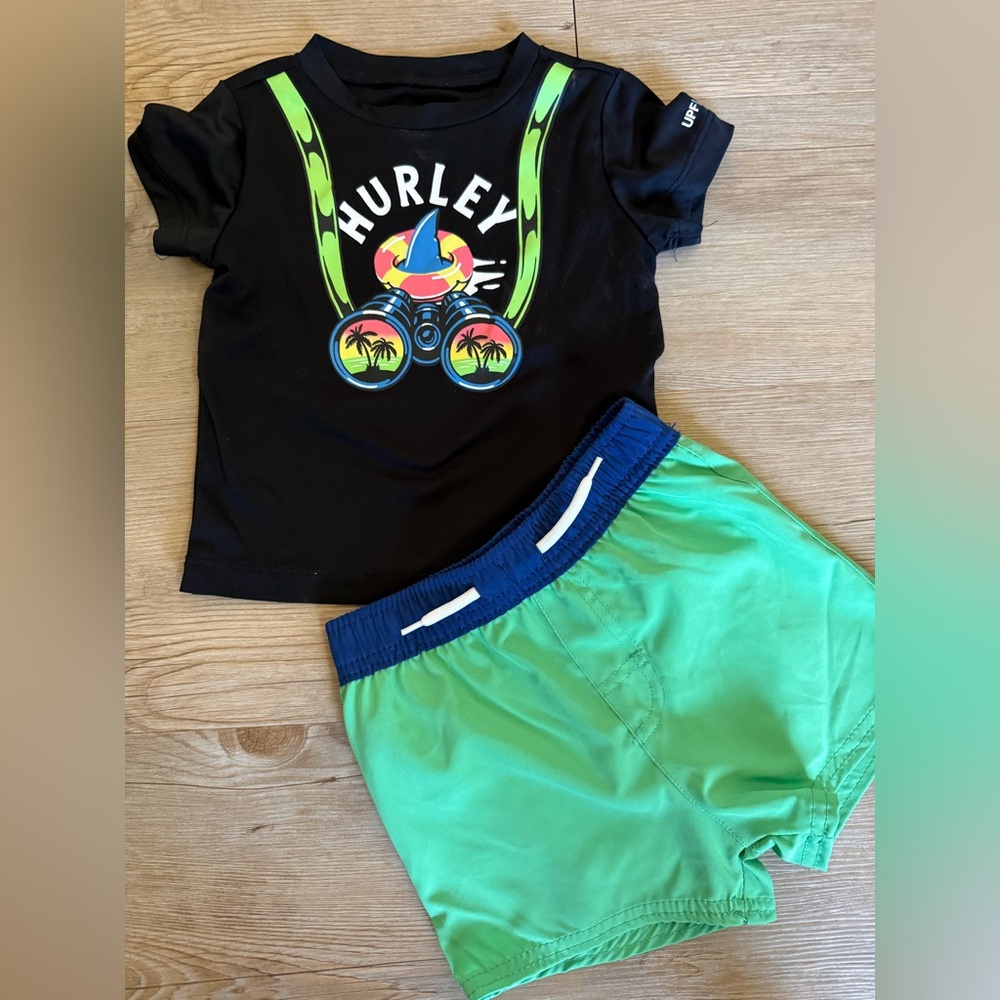 Hurley Black and Neon Green Kids' Swimwear